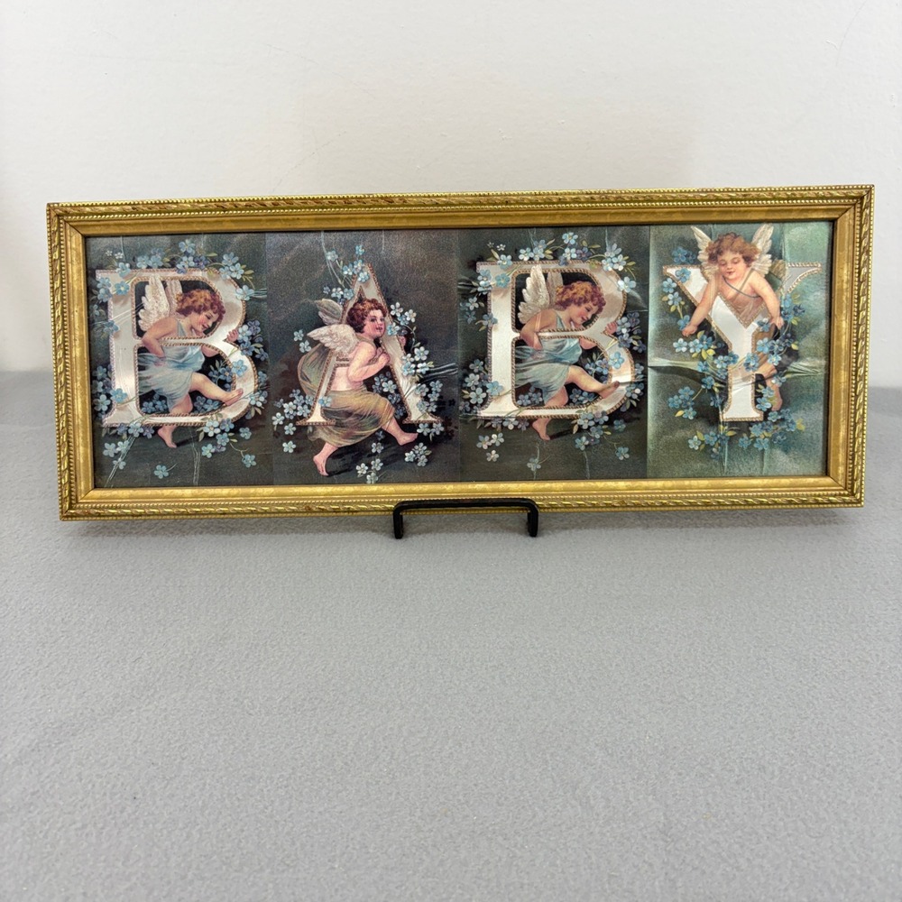 Vintage Clapsaddle Angel Alphabet Lenticular BABY Framed Art Gold Nursery Cherub